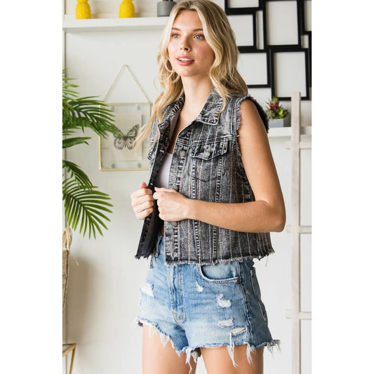 Veveret Full Size Rhinestone Denim Vest