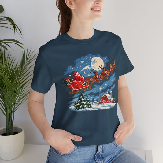 Christmas Tee — Santa Sleigh over Snowy Farm Holiday T‑Shirt