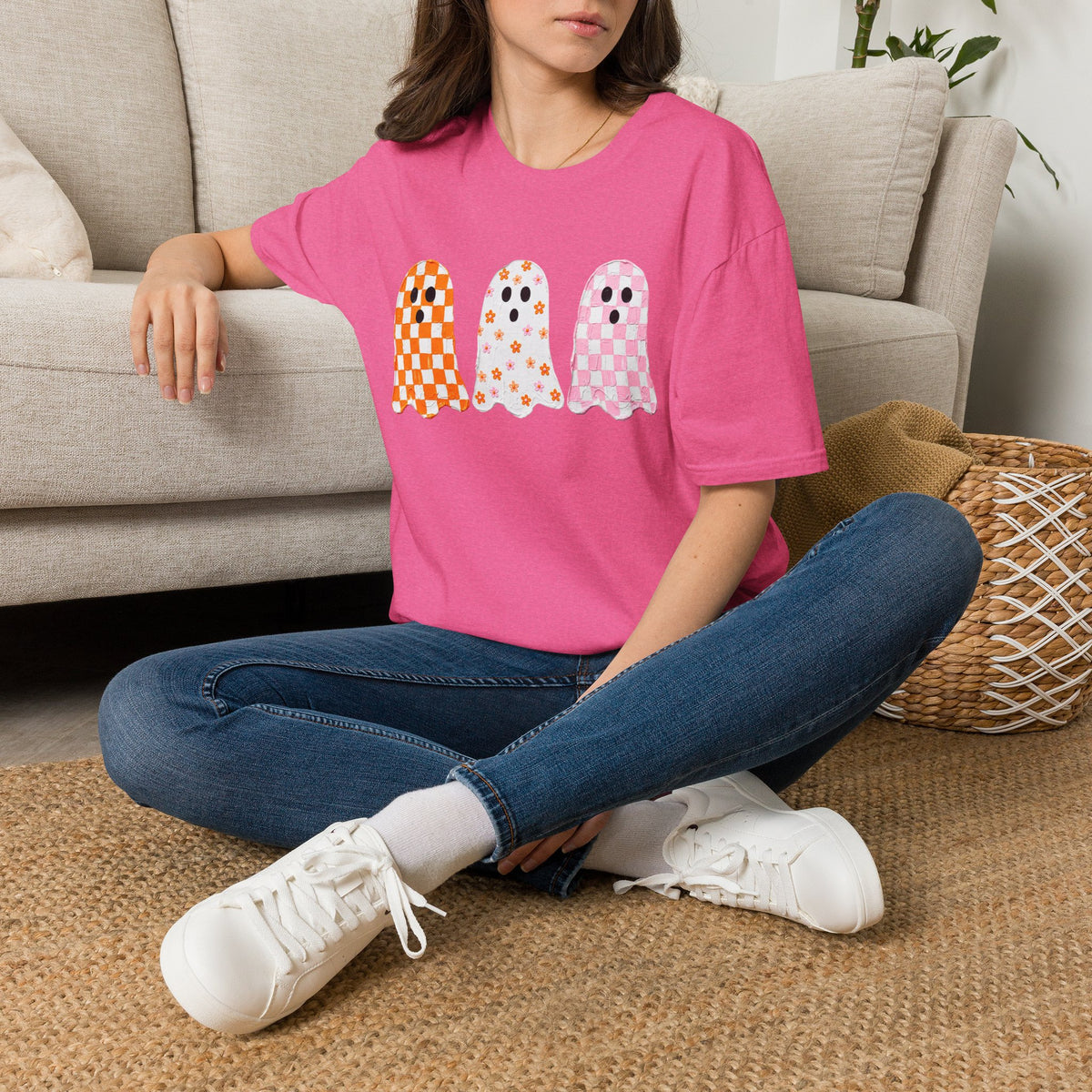 Ghost Trio T‑Shirt — Cute Checkered & Floral Halloween Tee