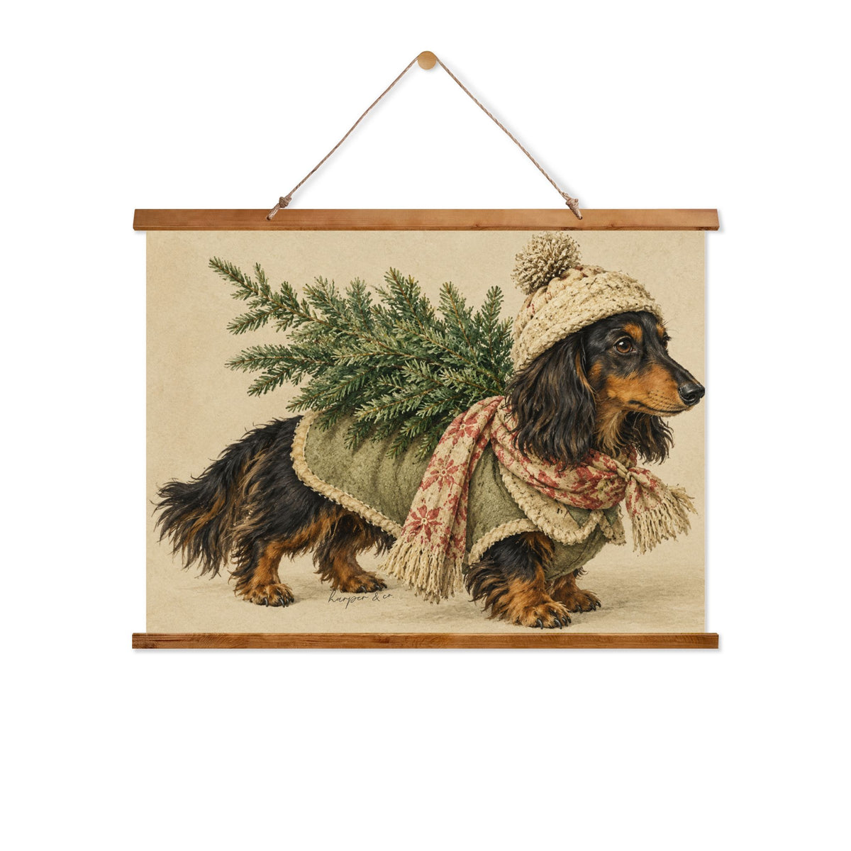 Wood Topped Wall Tapestry – Cozy Christmas Dachshund Carrying Christmas Tree
