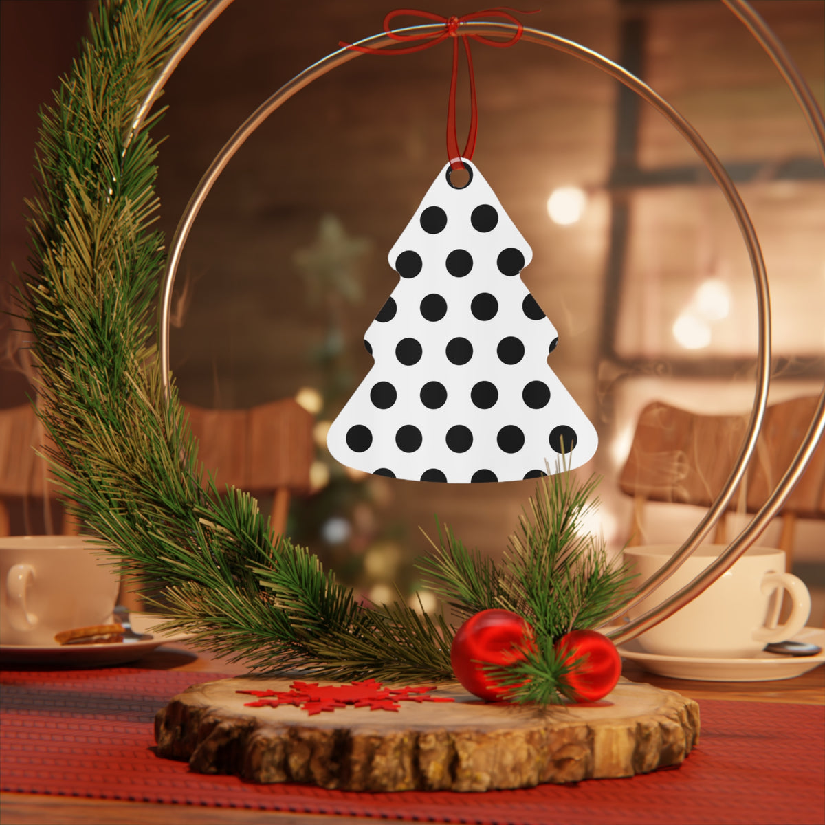 Reindeer Names Polka Dot Metal Ornament – Round Black & White Christmas Tree Decor