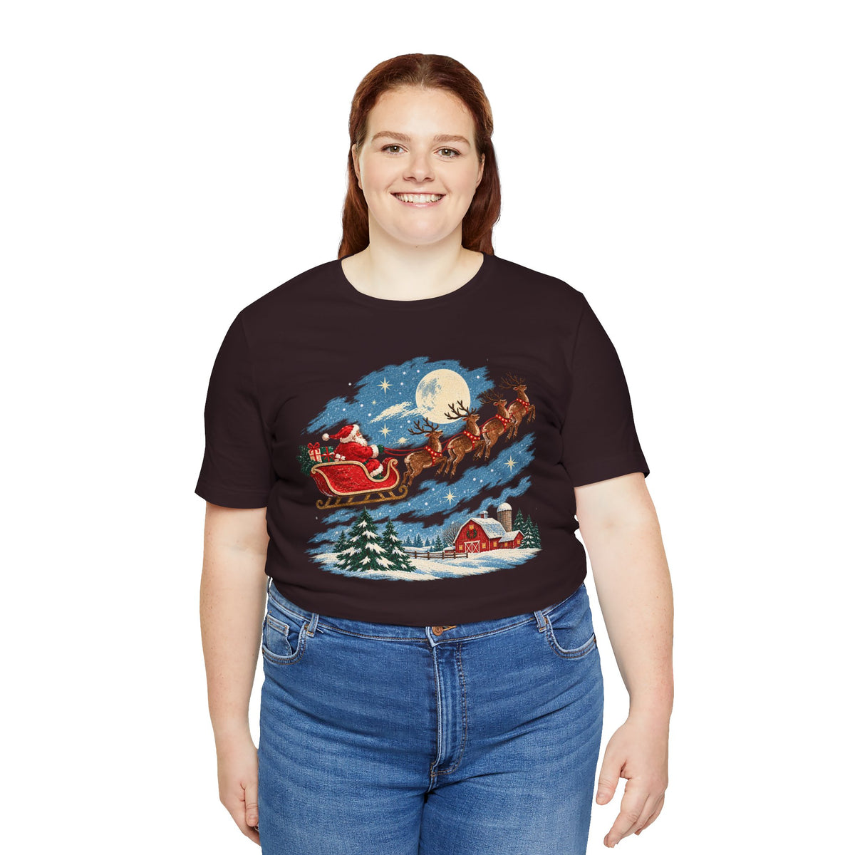Christmas Tee — Santa Sleigh over Snowy Farm Holiday T‑Shirt