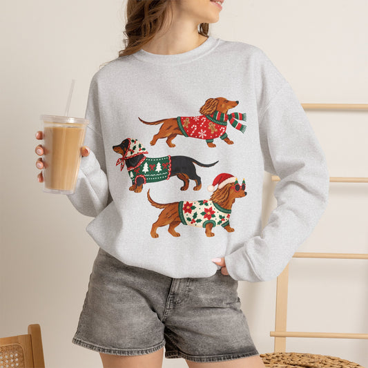 Dachshund Trio Christmas Sweatshirt – Festive Wiener Dogs in Holiday Sweaters