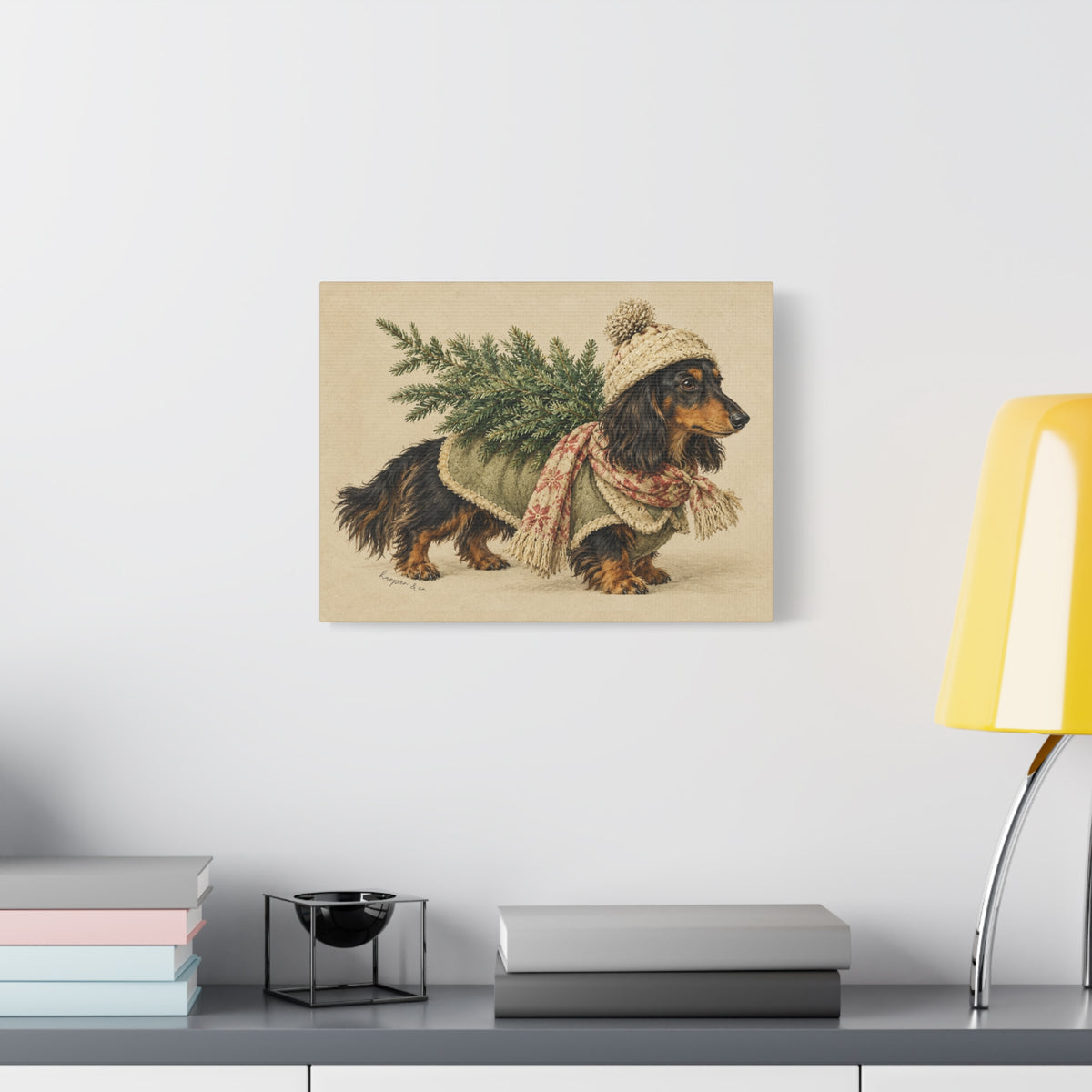 Christmas Dachshund Carrying Tree Canvas Wall Art