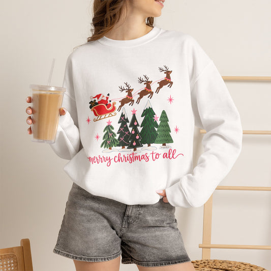 Christmas Crewneck Sweatshirt — "Merry Christmas to All" Santa & Reindeer Holiday Sweatshirt