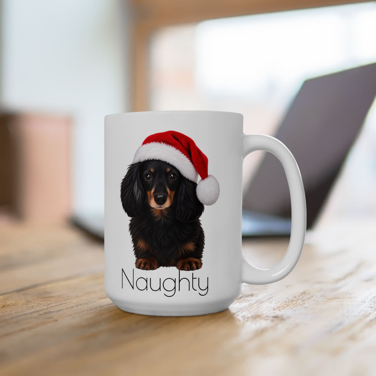 Christmas Dachshund Mug — Cute Wiener Dog in Santa Hat Ceramic Coffee Cup (11oz & 15oz)