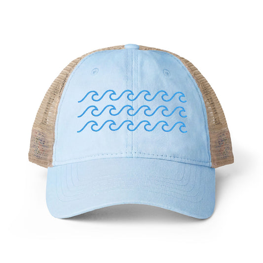 Waves Embroidered Women's Washed Mesh-Back Ball Cap