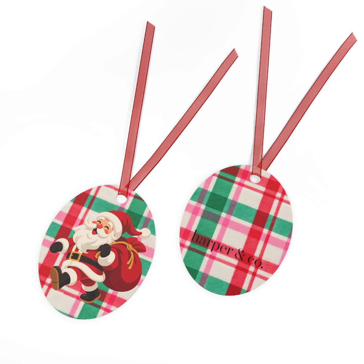 Jingle Bells Plaid Christmas Metal Ornament