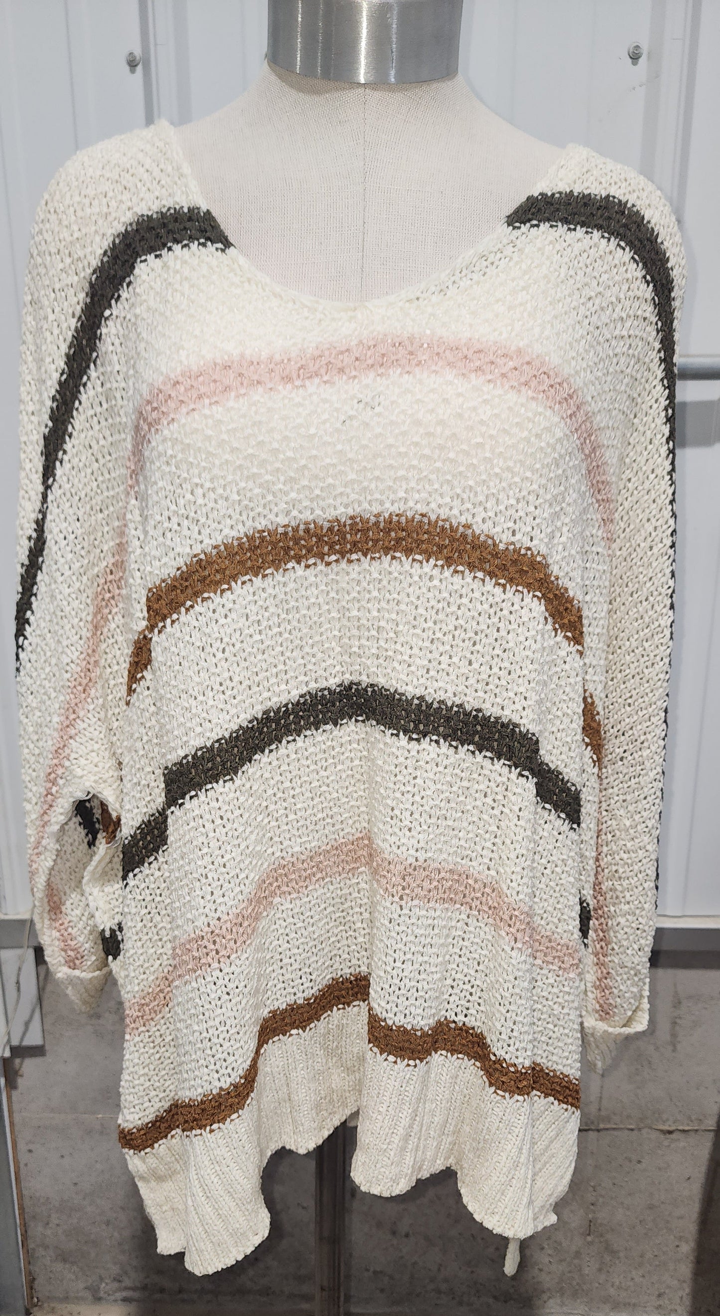 ADORA Full Size Multi Color Strip Sweater Plus Size