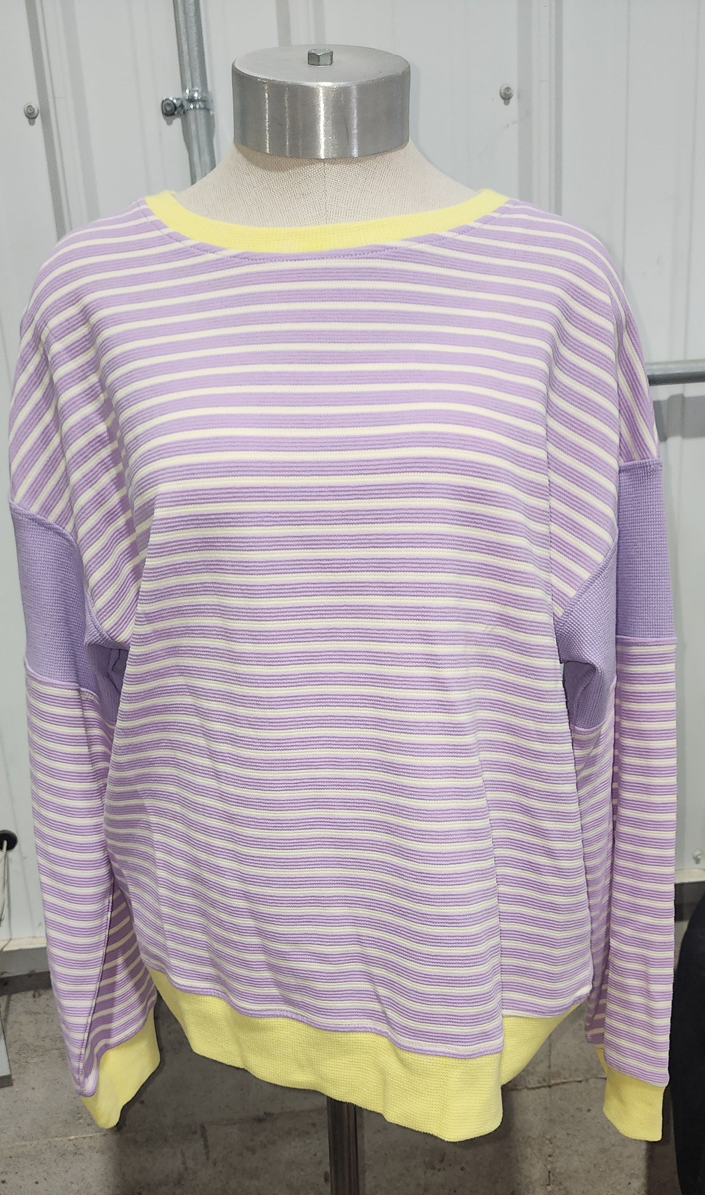 Purple Stripe Contrast Trim Color-block Patchwork Drop Shoulder Knit Top