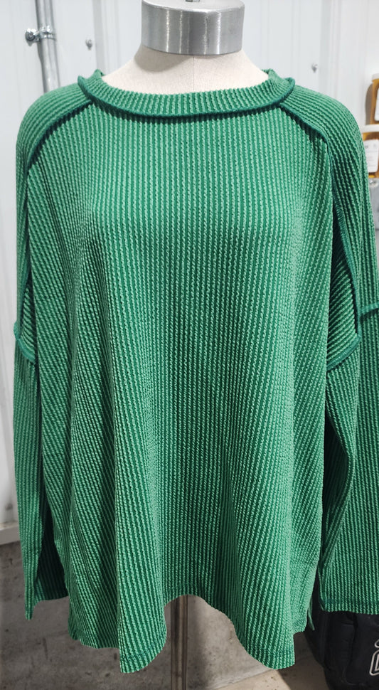 Zenana Full Size Exposed Seam Long Sleeve Corded Rib Knit Top