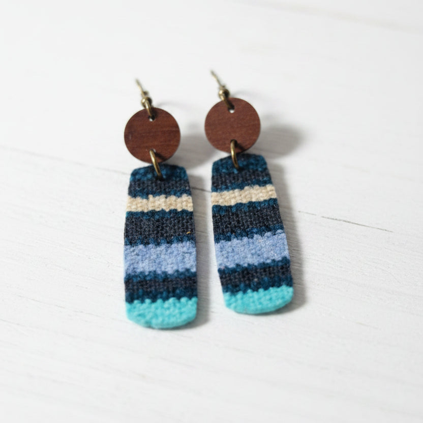 Striped Tweed and Wood Handmade Earrings