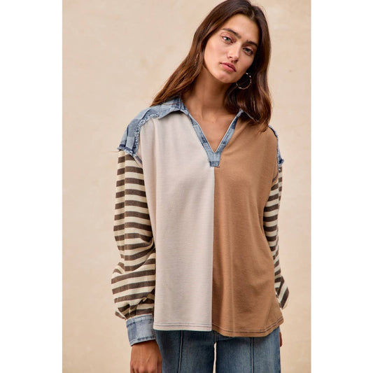 BiBi Cut Edge Checker Denim Waffle Mix And Match Top