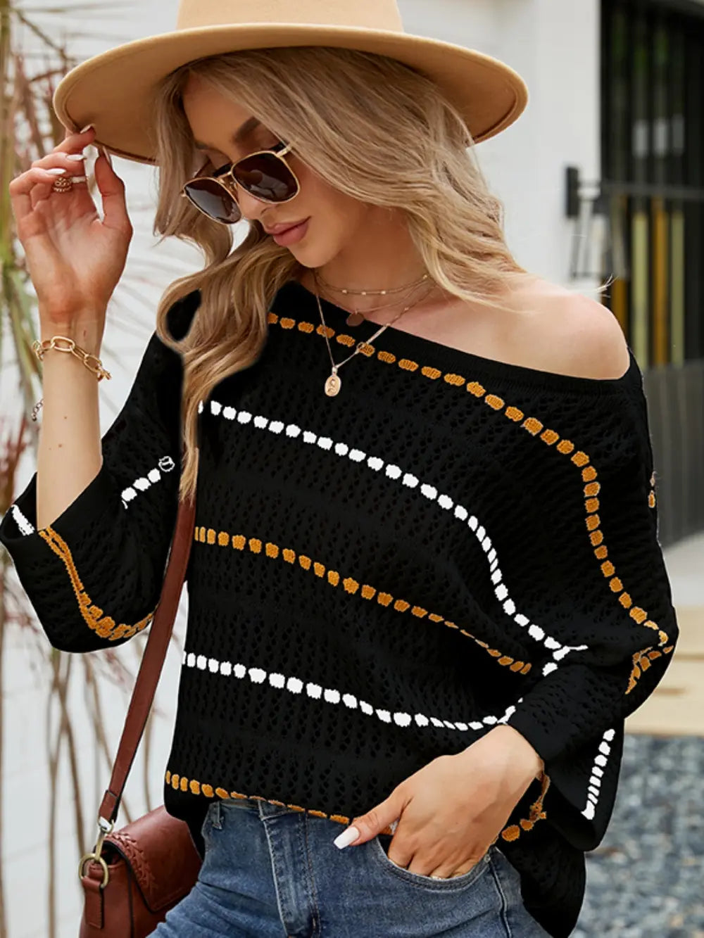 Harmony Eyelet Striped Round Neck Knit Top