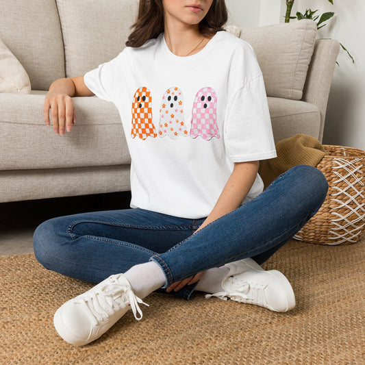 Ghost Trio T‑Shirt — Cute Checkered & Floral Halloween Tee