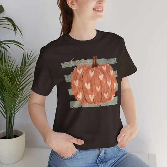 Pumpkin Heart Tee — Rustic Green Striped Autumn Pumpkin T‑Shirt