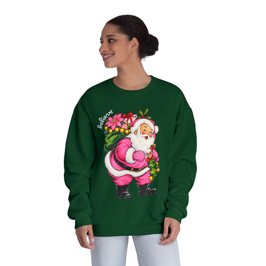 Merry Christmas Pink Santa Believe Crewneck Sweatshirt