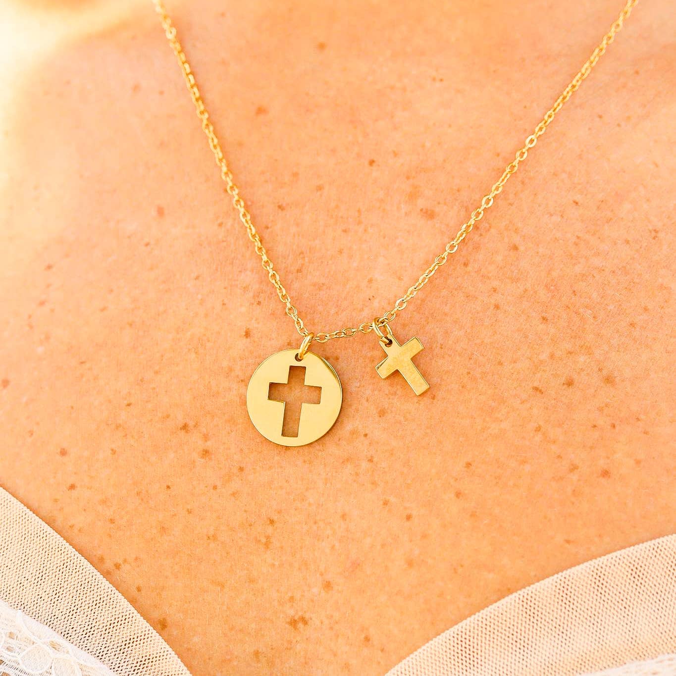 Stainless Steel Cutout 2 Piece Cross Necklace