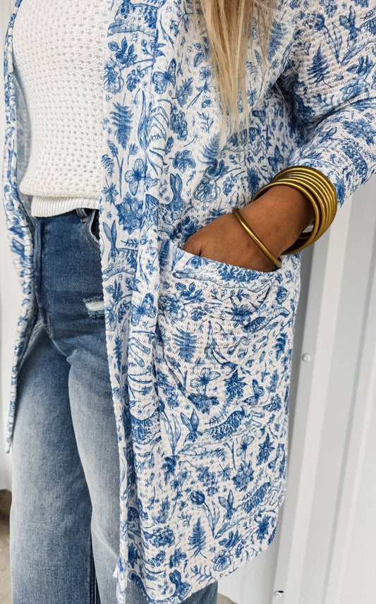 Lola Full Size Easter Print Cardigan in Blue