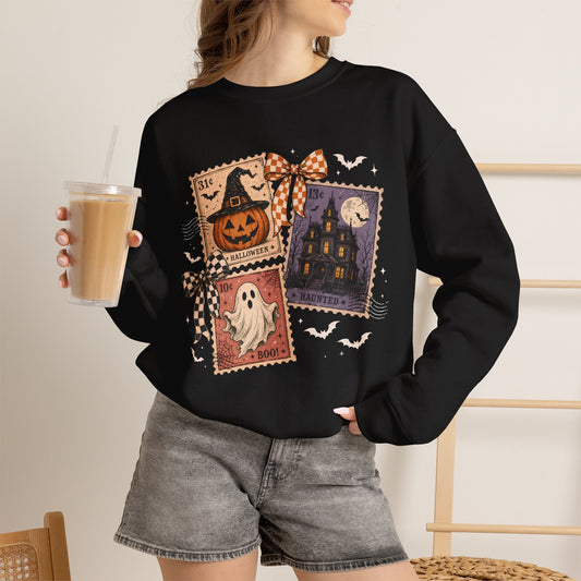 Halloween Patchwork Sweatshirt — Haunted House, Pumpkin & Ghost Crewneck