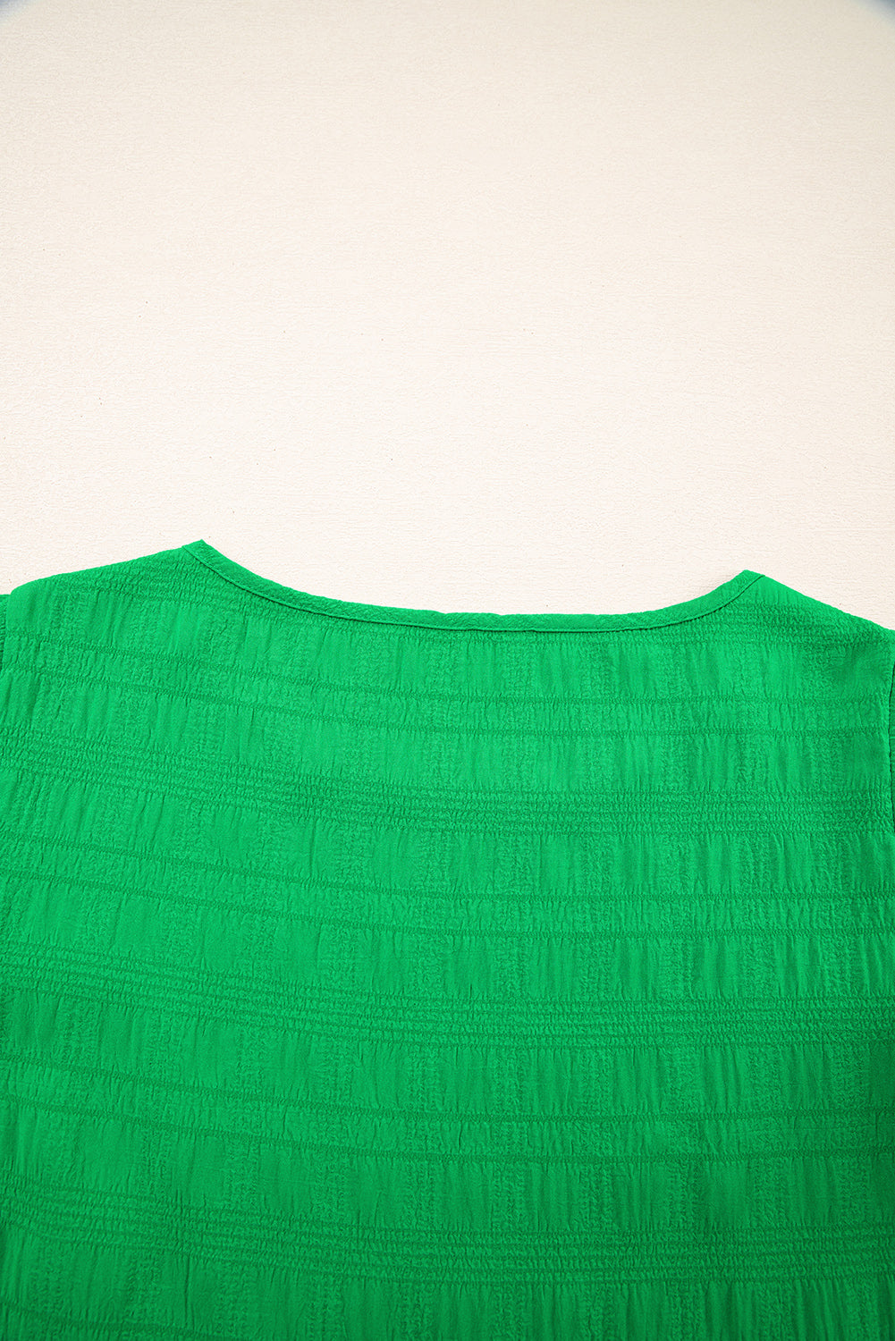 Dark Green Textured Ruffled Sleeve Round Neck Top