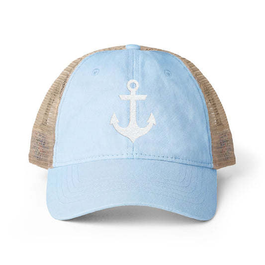 White Anchor Embroidered Women's Washed Mesh-Back Ball Cap