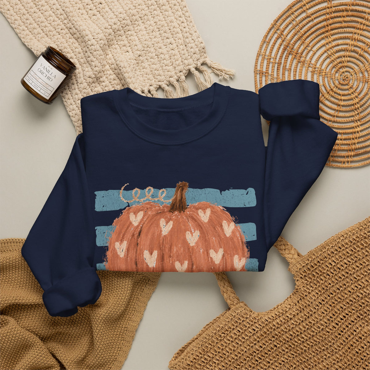 Pumpkin Blue Stripes with Hearts Crewneck Sweatshirt