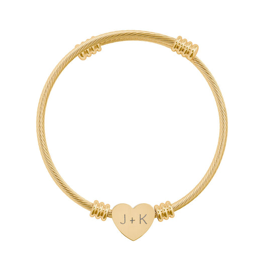 Engravable Heart Cuff Bracelet — Personalized Initials Cable Bangle (Silver or Gold)