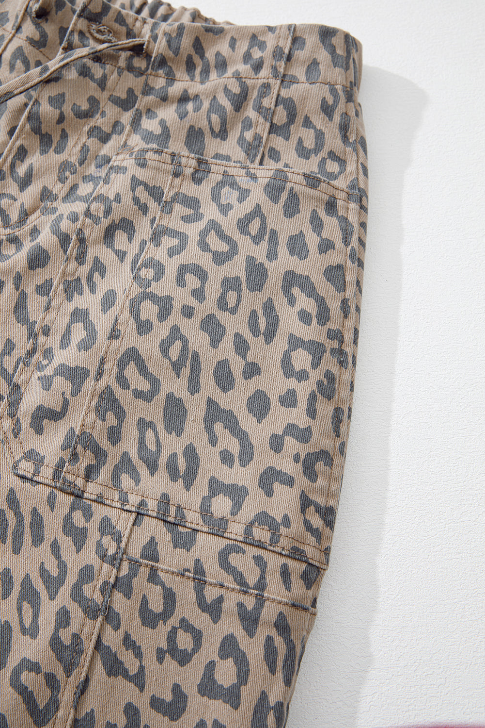 Khaki Leopard Printed Drawstring Elastic Waistband Pocketed Barrel Jeans