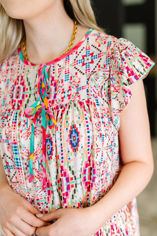 Boho and Behold Flutter Sleeve Dress in Blush/Fuchsia/Mint