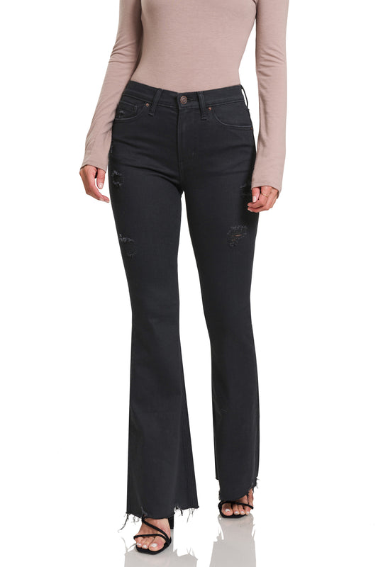 Zenana High-Rise Distressed Flare Jeans in Black