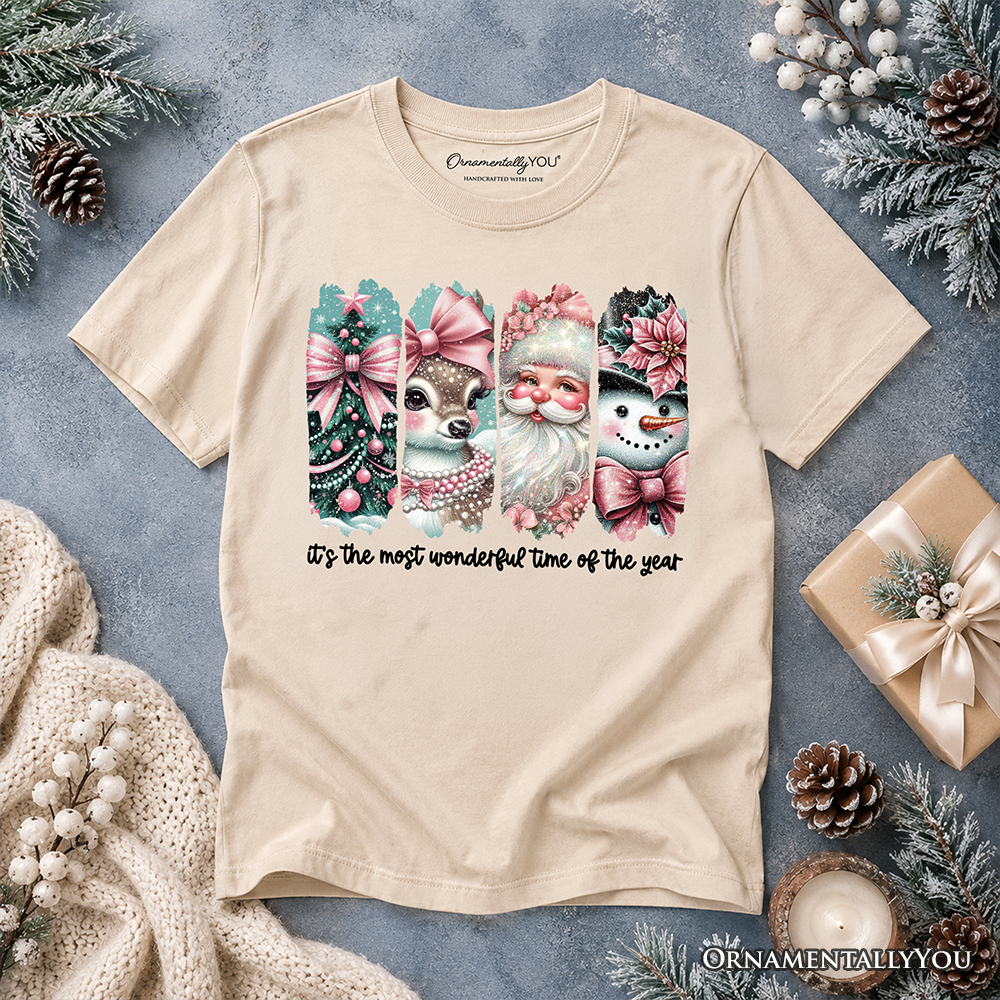 Kids Coquette Pink Christmas T-Shirt, It's The Most Wonderful Time Of The Year Vintage Tree, Reindeer, Santa and Snowman Youth Tee
