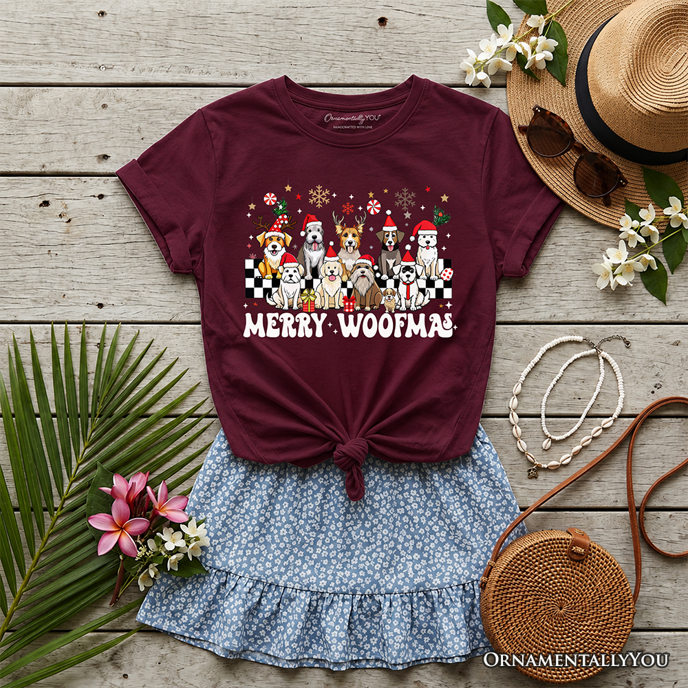 Kids Merry Woofmas Dog T-Shirt, Dogs With Santa Hats Christmas Youth Tee