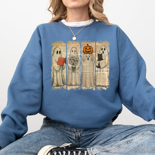 Vintage Newspaper Ghost Halloween Book Cat Western Pumpkin Retro Spooky Costume Fall Graphic Sweatshirt