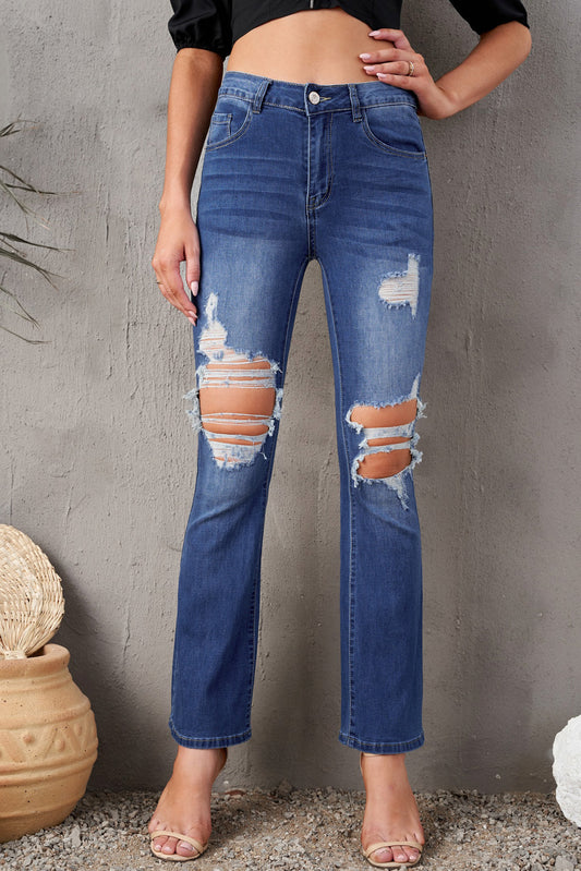 Mid Waist Distressed Flared Jeans
