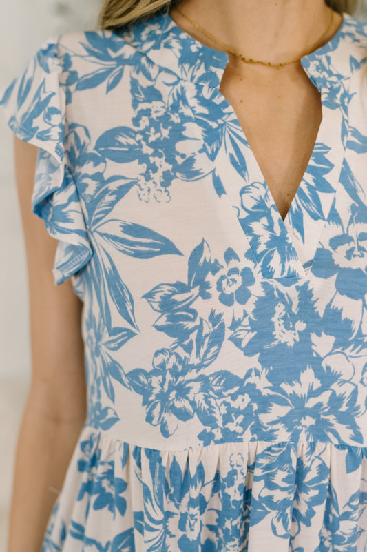 Lizzy Flutter Sleeve Dress in White and Blue Floral