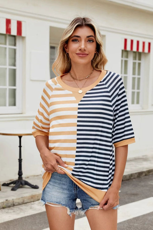 Nat Striped Round Neck Half Sleeve T-Shirt