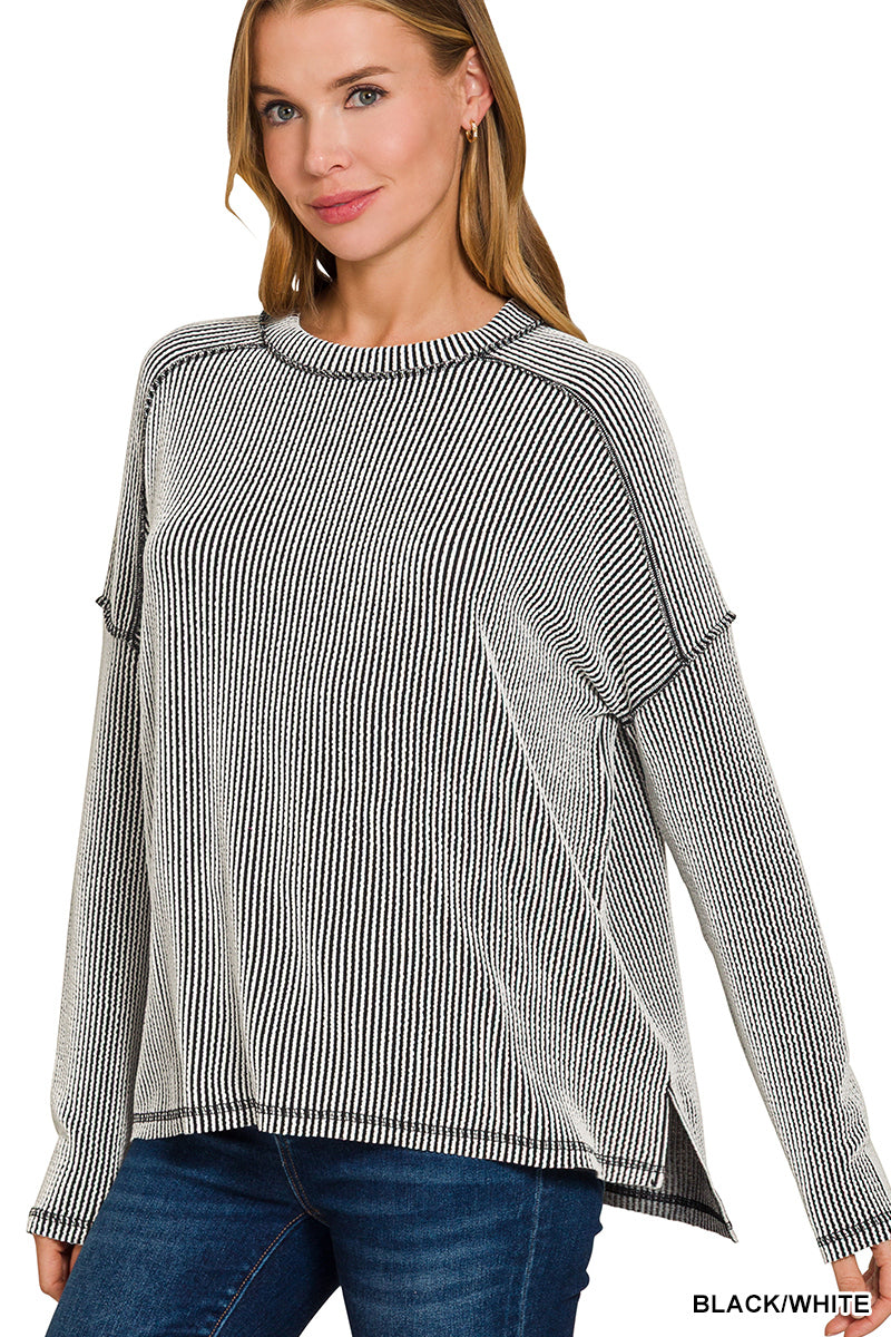 Zenana Full Size Exposed Seam Long Sleeve Corded Rib Knit Top