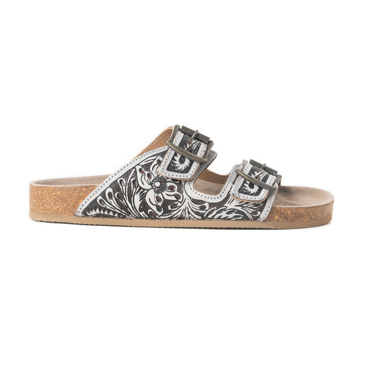 Mesa Scroll Handtooled Sandals in Brown & White