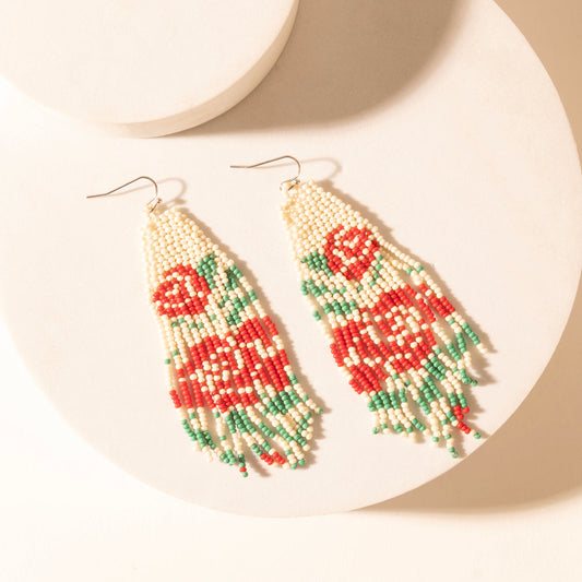 Myra Rose Garden Beaded Fringe Earrings in Cream Ivory