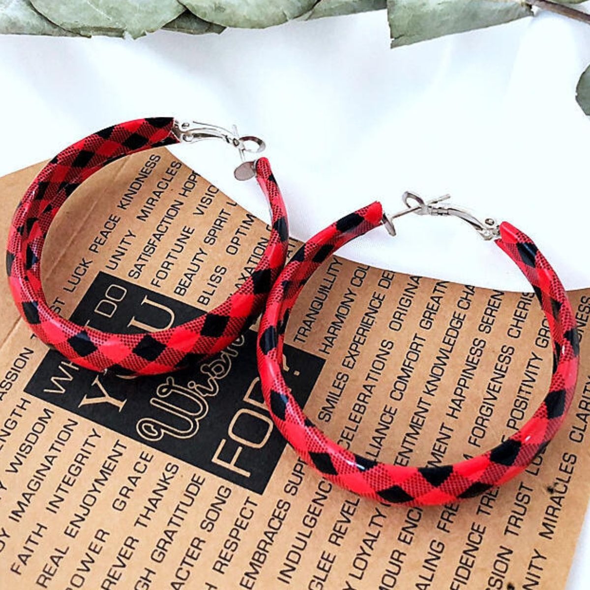 Spura Buffalo Plaid Faux Leather Hoop Earrings