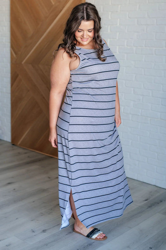 Still Got It Sleeveless Maxi In Striped Gray