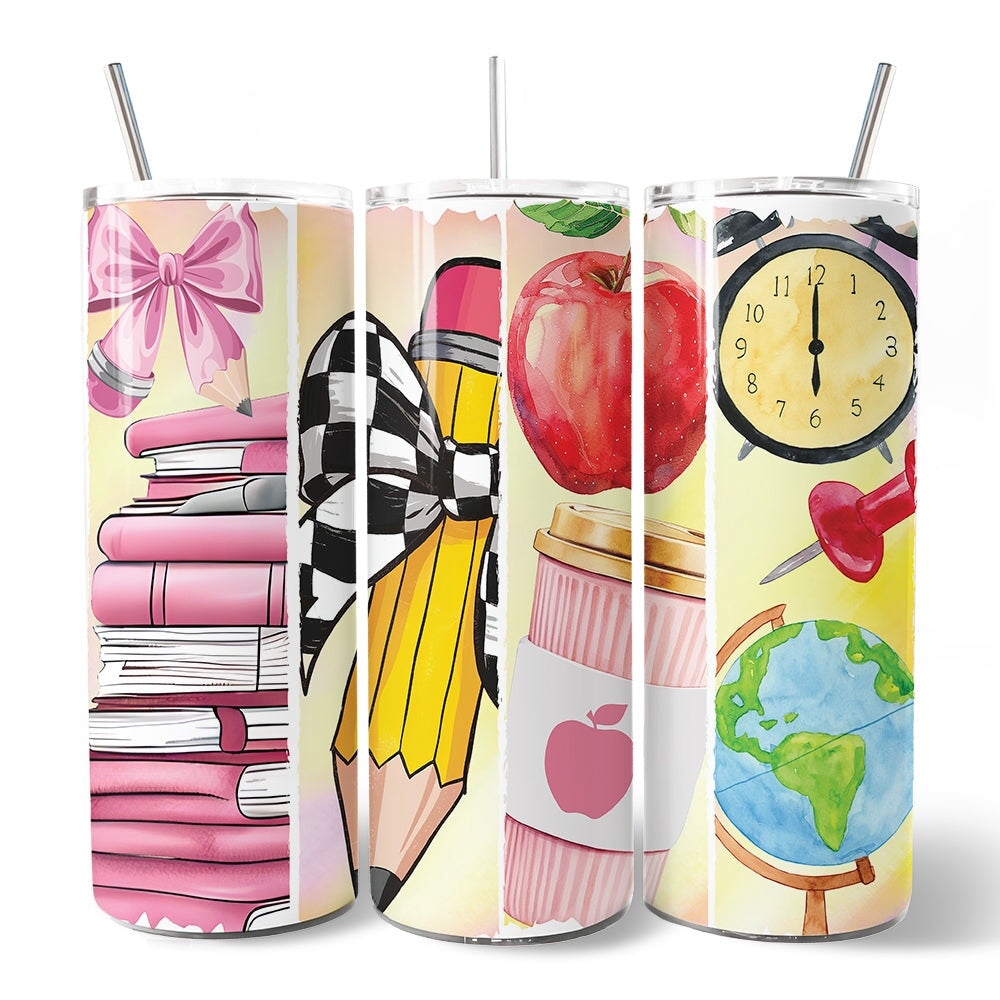 Coquette Pink Teacher 20oz Personalized Tumbler With Lid and Stainless Steel Straw, Retro School Brushstrokes Gift Cup