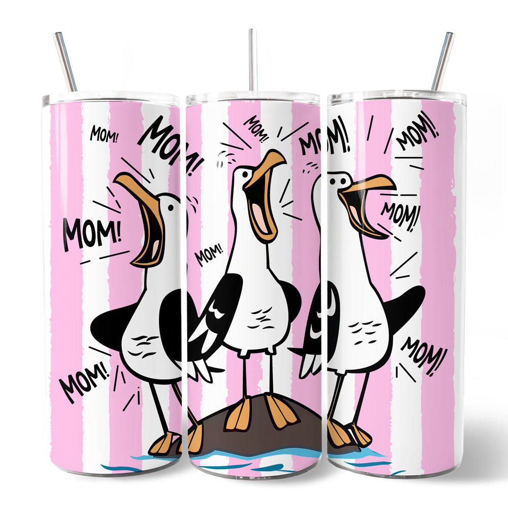 Funny Mom Calling Seagull 20oz Personalized Tumbler With Lid and Stainless Steel Straw, Pink Coastal Bird Gift Cup