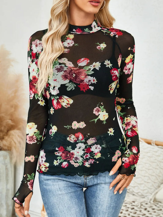 Lovelet Floral Mesh Mock Neck Long Sleeve Top Multiple Colors