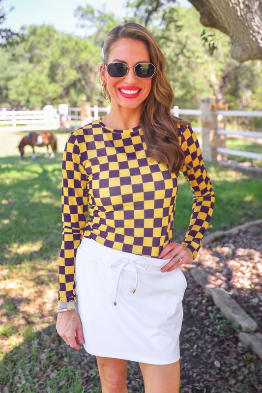 Alyssa Mesh Top- Purple/Yellow Checkered