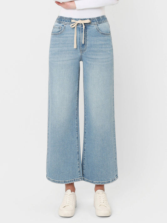 Loveret Super High Rise Full Size Elastic Waist Crop Wide Leg Jeans