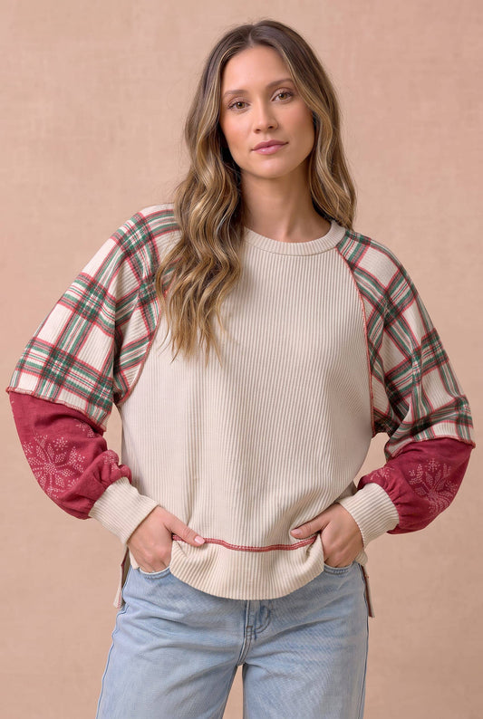 Haptics Plaid and Snowflake Patchwork Raglan Full Size Top