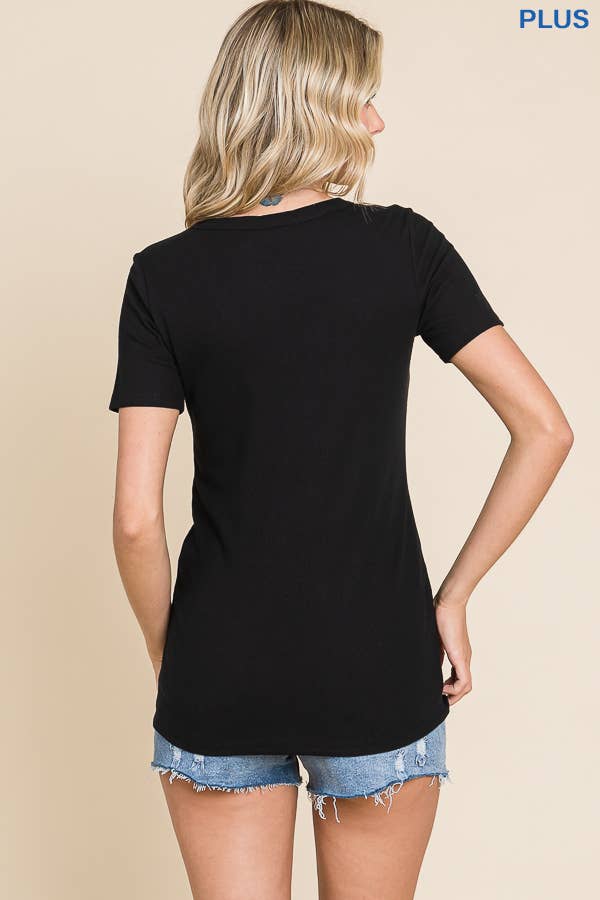 culture code Plus Ribbed V Neck Short Sleeve Fitted Top