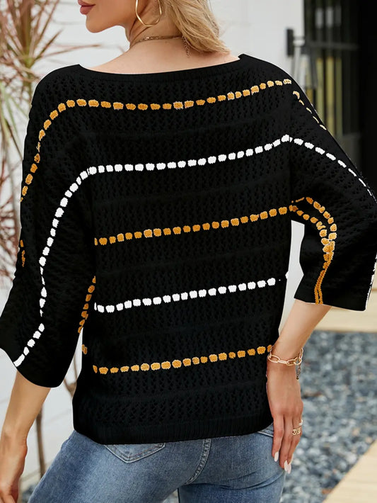 Harmony Eyelet Striped Round Neck Knit Top